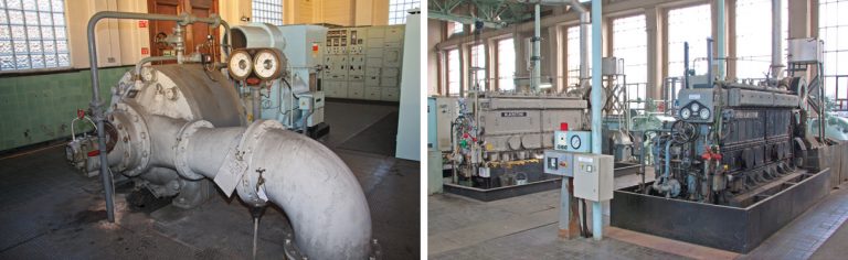 (left) Electric pumps and old MCC at Tiptree PS and (right) Langham PS diesel pumps - Courtesy of NWG