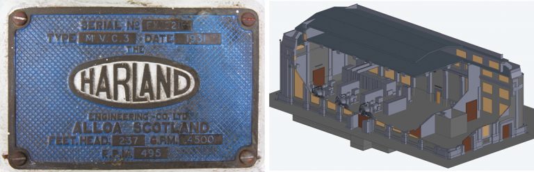 (left) Original Harland 1931 pumpsets - Courtesy of NWG and (right) Tiptree 3D model - Courtesy of IWS
