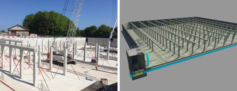 (left) Precast elements being installed and (right) extract from BIM model showing Phase 2 - Courtesy of Laing O’Rourke/NMCNomenca