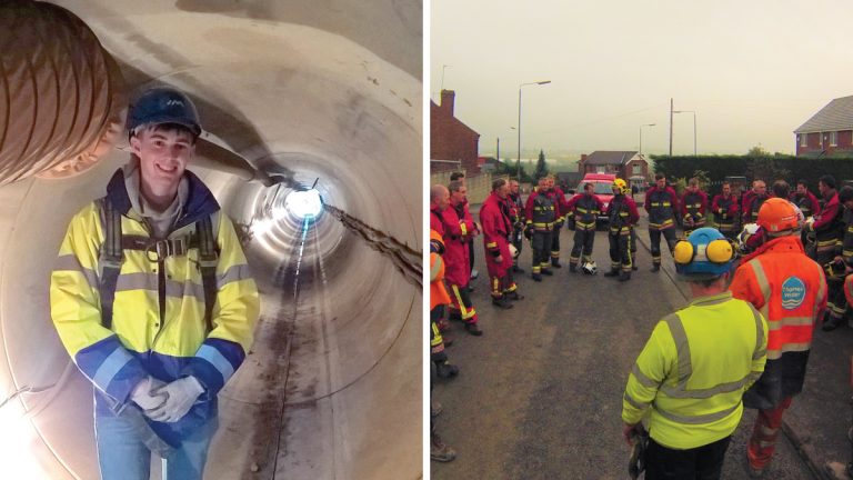 (left) Tunnel during construction and (right) - team debrief and review of emergency arrangements post practice exercise - Courtesy of NMCNomenca