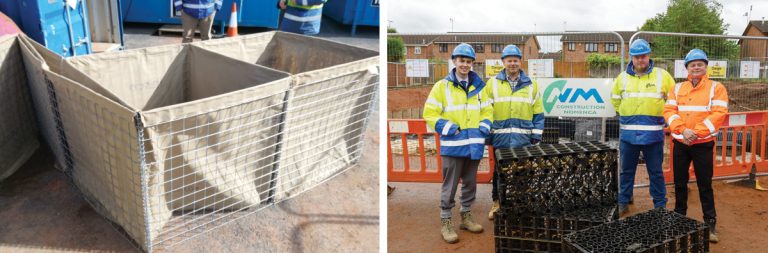 (left) Concertina style Hesco temporary works baskets and (right) design, build and supply team - Courtesy of NMCNomenca