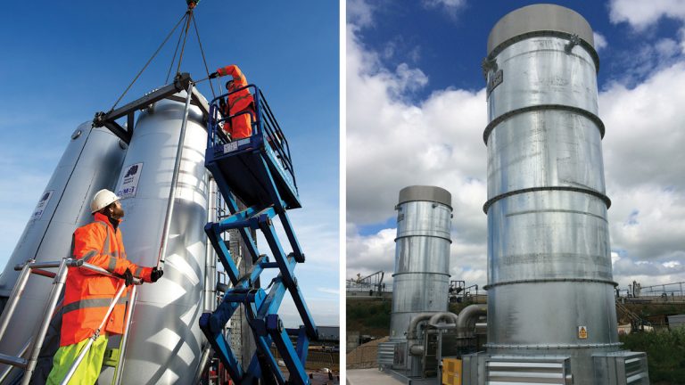 (left) Removing transport steel and (right) waste gas burners - Courtesy of MWH Treatment