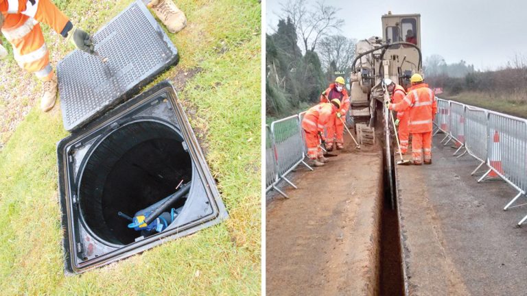 (left) Hermelock composite cover - Courtesy of Severn Trent Water and (right) Narrow trench created by trencher machine - Courtesy of NMCNomenca
