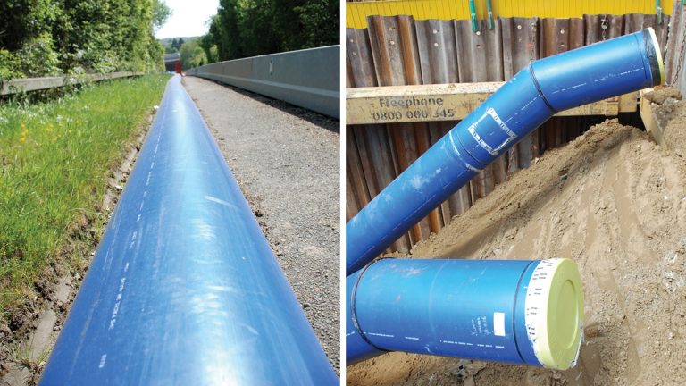 (left) View of 450mm PE over-rider pipework heading towards southern side of site and (right) twin 500mm OD PE100 SDR13.6 pipes from northern access shaft leading to connection onto existing mains - Courtesy of South East Water