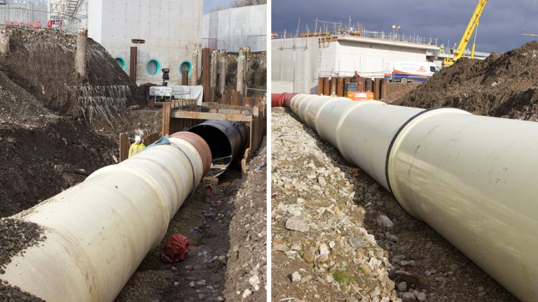 (left) Pamlock PUX coated pipes installed in aggressive soils and (right) Pamlock PUX coated pipes laid between structures