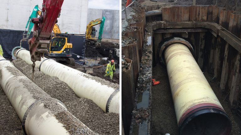 (left) 1200mm diameter Universal PUX twin main and (right) Pamlock PUX coated pipe inserted into a concrete tunnel