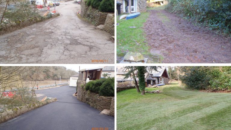 (top left) Maltsters Arms before construction, (bottom left) Maltsters Arms after construction, (top right) Quay Hill Cottage before contruction and (bottom right) Quay Hill Cottage after construction - Courtesy of South West Water Delivery Alliance H5O