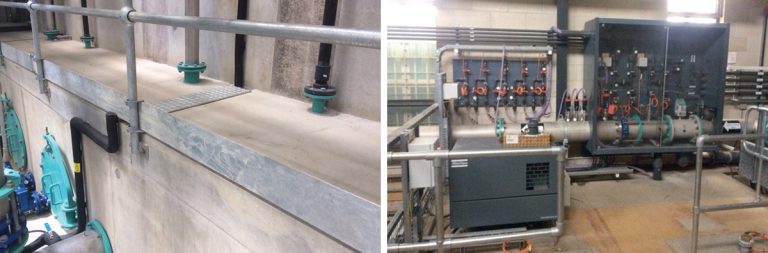 (left) Range of cast-in pipe examples (cast into PC panels) and (right) dosing kiosk and flushing point arrangements - Courtesy of South West Water Delivery Alliance H5O