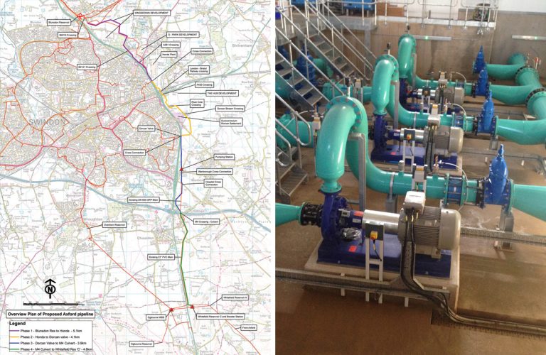 (left) Figure 1: Overview of pipeline route and key locations and (right) Marsh Water Booster Station pump manifold - Courtesy of SMB