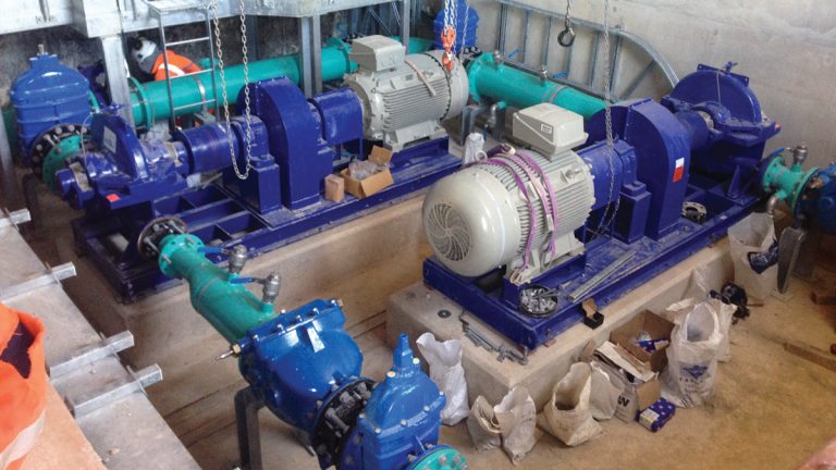 Whitefield C Water Booster Station pumps and manifold during installation - Courtesy of SMB