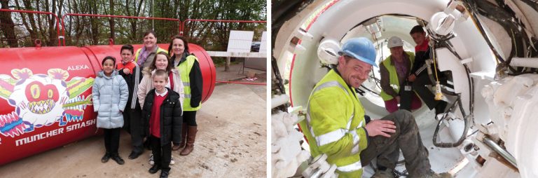 (left) Visit from local school with tunnel boring machine and (right) a school pupil and his mum inside the tunnel boring machine with TBM Driver - Courtesy of Optimise