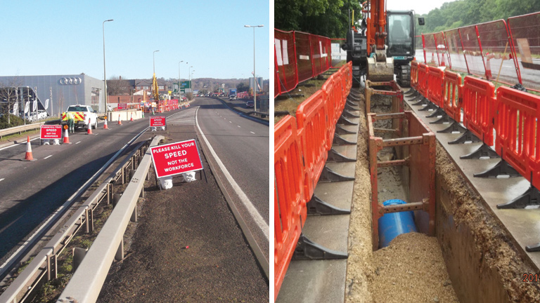 (left) Pipeline construction along Oxford Eastern Bypass Road and (right) open trenching - Courtesy of Optimise