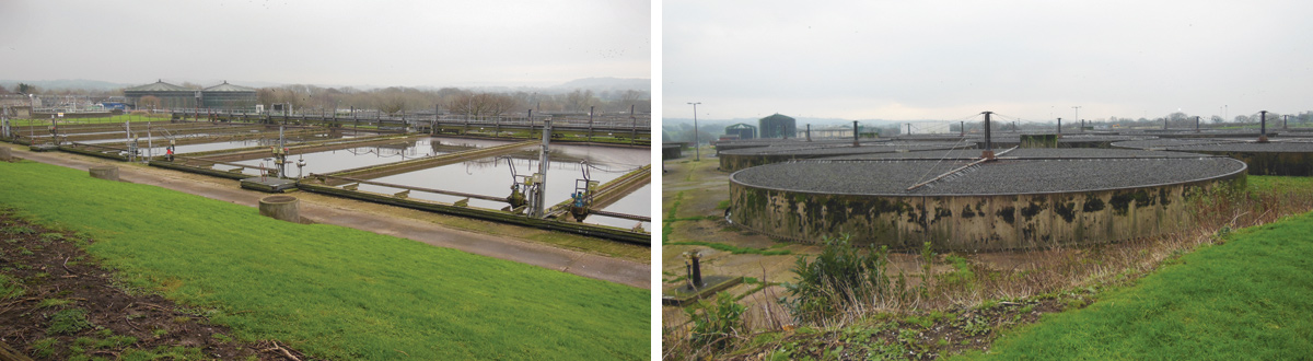 (left) Blackburn WwTW, primary settlement tanks, with brewery pre-treatment plant in background and (right) Blackburn WwTW, trickling filters, with sludge treatment - plant in background - Courtesy of United Utilities