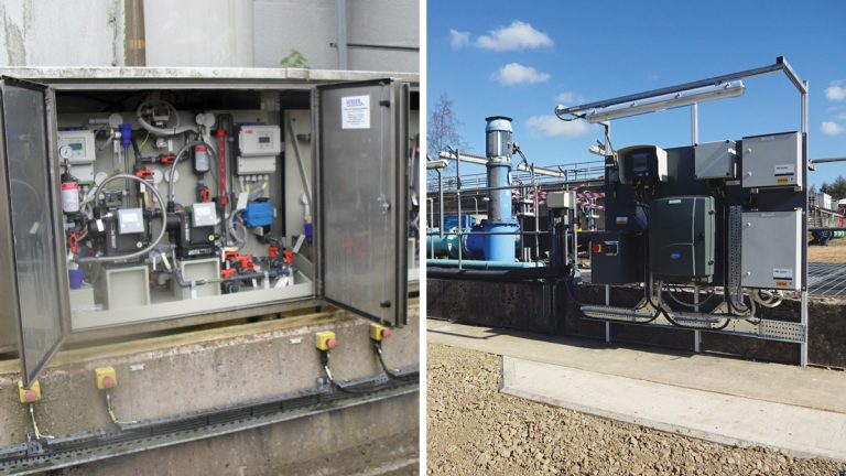 (left) Ferric sulphate dosing rig in existing cabinet and (right) bespoke backboard for phosphax analyser - Courtesy of MMB