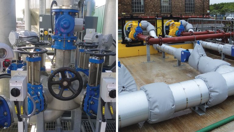 (left) Ozone contactors and (right) AOP pilot plant feed pumps - Courtesy of MMB