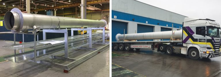 (left) ASP pipebridge in factory and (right) ASP pipebridge delivery - Courtesy of Crown House Technologies Manufacturing