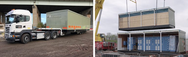(left) Low loader MCC delivery and (right) MCC lifted into place - Courtesy of Laing O’Rourke