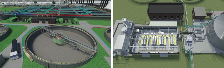 (left) 3D image of FSTs, MCCs, blower house and the ASP lanes and (right) 3D image of SAS treatment plant - Courtesy of Laing O’Rourke