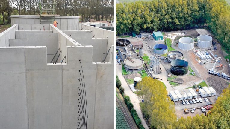 (left) Activated sludge plant walls progression and (right) new process plant under construction - Courtesy of C2V+