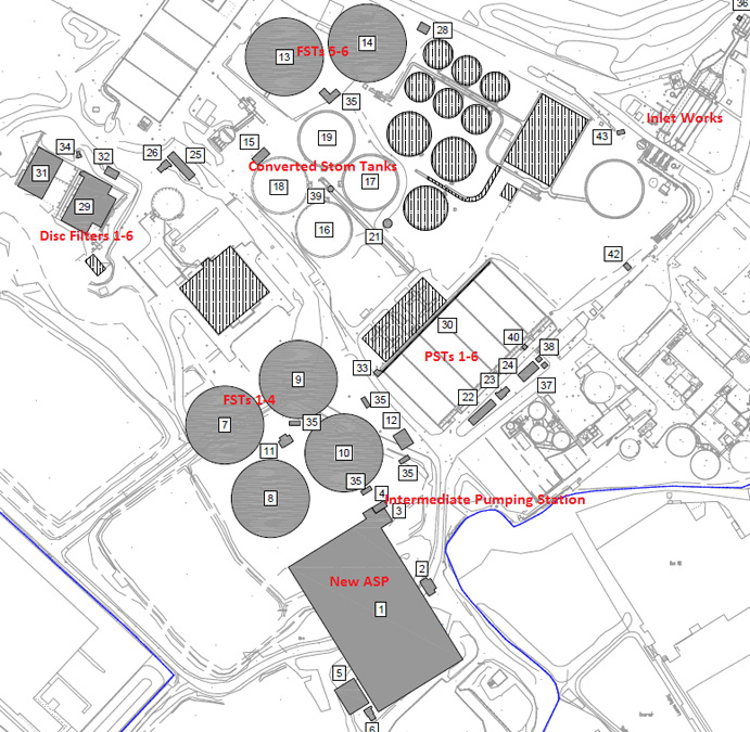 Oldham WwTW - New layout drawing (redundant assets hatched) - Courtesy of United Utilities