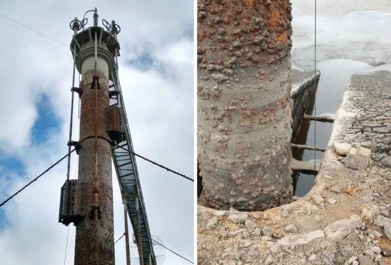 Due to poor access within the reservoir, a 750 mm ID cast-iron valve tower (left) with small inlet penstock situated between two stone wing-walls (right), the slip-lining operation was undertaken from the downstream end - Courtesy of MMB