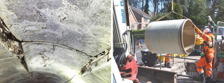 (left) Braidley Road - Typical defect and (right) Figure 5 : GRP Type 1 Shell installation - Courtesy of Wessex Water