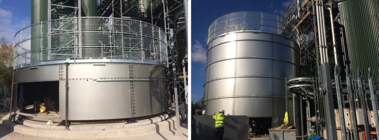 (left) Stainless steel top rings and (right) new stainless steel tank erection in process - Courtesy of Trant Engineering