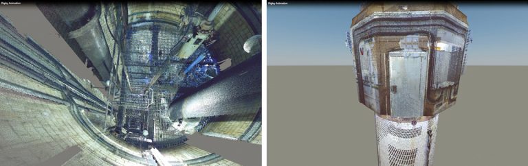 (left) Internal 3D scan of the valve tower and (right) External 3D scan of the existing valve tower - Courtesy of MMB