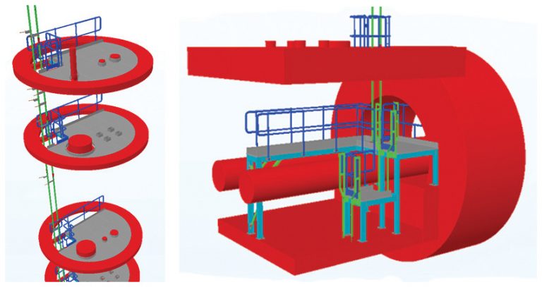 Left) 3D model of the gantry levels within the valve tower (right) 3D model of the base of the valve tower - Courtesy of MMB