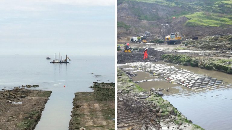 (left) Backhoe dredger during offshore dredging process - Courtesy of Royal HaskoningDHV and (right) Installation of concrete mattresses nearshore - Courtesy of Van Oord UK