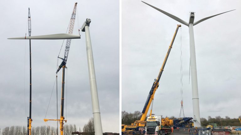 (Left) The first blade being lifted into position and (right) the completed 127m tall wind turbine in Nash WwTW - Courtesy of Welsh Water