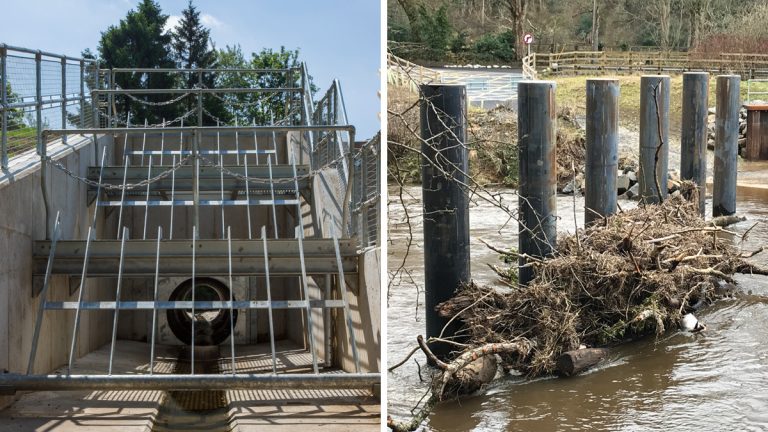 (left) 3-tier trash screen on inlet to culvert at Cotting Burn Dam and (right) tree poles in action - Courtesy of JBA Bentley