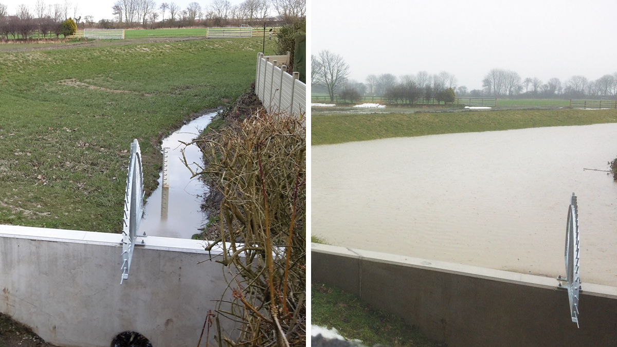 (left) The attenuation area at Killingworth Moor in nearly dry conditions with the flow in the narrow letch channel and (right) attenuation area in operation during March 2018. The levels in Forest Hall Letch are raised and the attenuation area fills as the surface water flows are being managed - Courtesy of Esh MWH