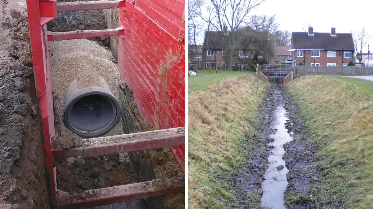 (left) New DN1200 culvert under construction and (right) Longbenton Letch in Benton Cemetery discharging to the NWG system - Courtesy of Esh Stantec