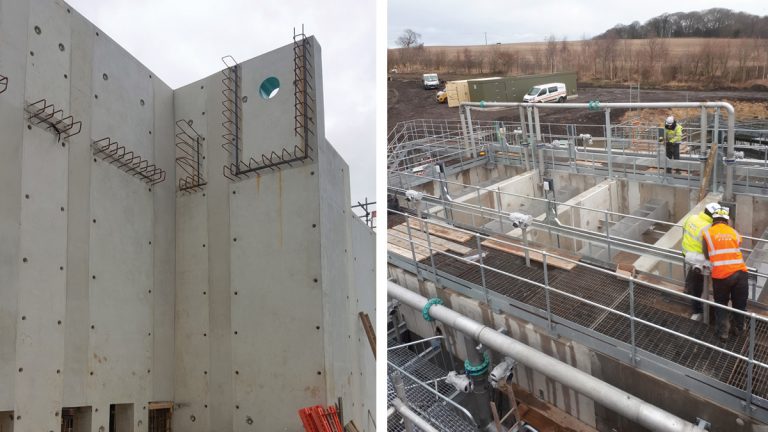 (left) Precast NSAF/DBF wall panels cast-in andd (right) mechanical install at DBF - Courtesy of MMB