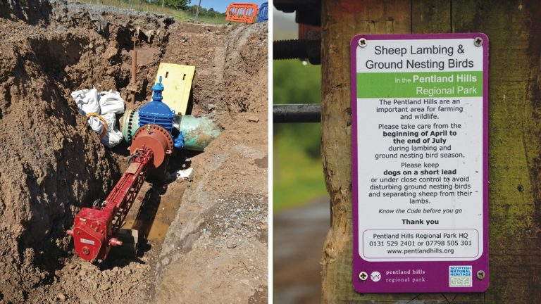 (left) New connection on existing main and (right) Pentland Country Park animal notice - Courtesy of Caledonia Water Alliance