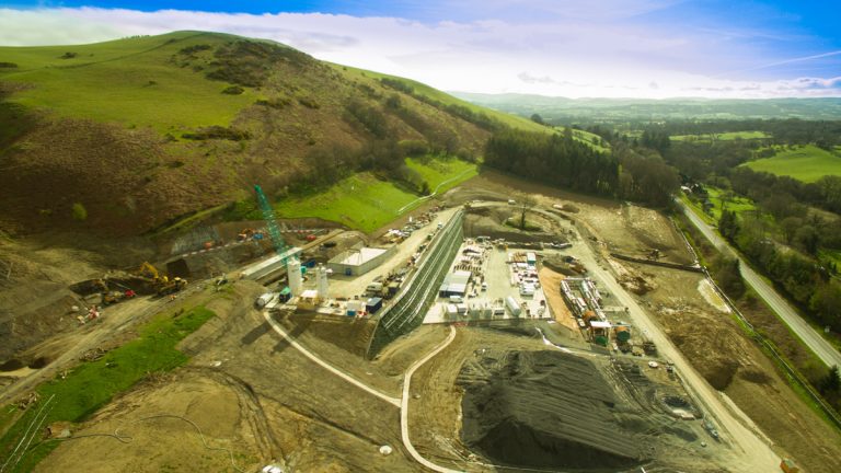 Aerial photo of the downstream Nantmel Site, highlighting the scale of the temporary Earth Works. From this location the TBM was launched in 2017 - Courtesy of Severn Trent Water, BNM Alliance & GHD