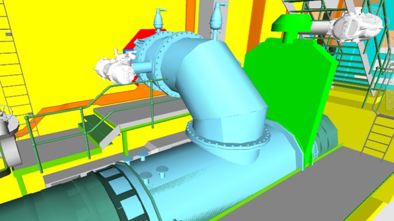 3D model showing the mixer ‘T’ in position, new 1800mm gate valve and 1400mm bypass connection - Courtesy of MWH Treatment