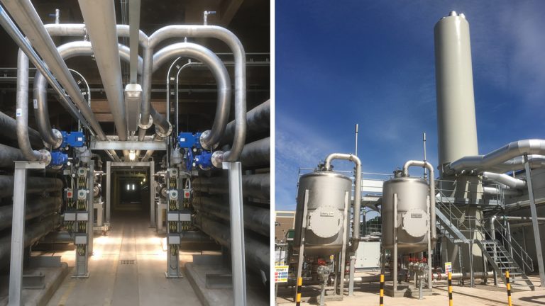 (left) Recirculation pipework in digester gallery and (right) siloxane plant carbon filters - Courtesy of MWH Treatment