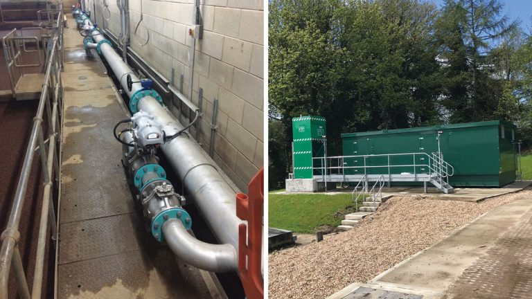 (left) New DAF header and DAF cell droppers including valves and (right) New coagulation dosing rig day tanks, access steelwork and emergency shower - Courtesy of Stantec Treatment