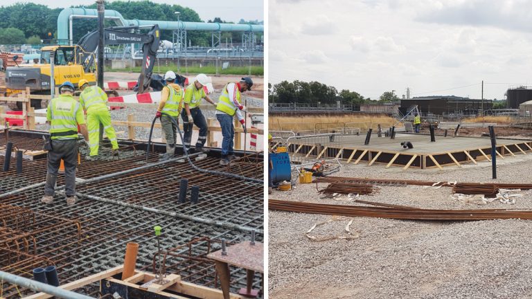 (left) Part way through 190m3 concrete pour of the sludge cake silos base and (right) surface finishes being applied following concrete pour at CAMBI base No. 1: Courtesy of Severn Trent