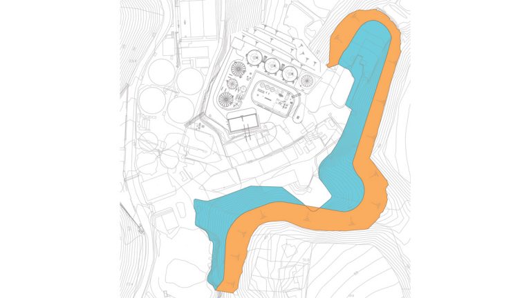Figure 5: Plan showing extent of hillside removal and re-profiling in blue and the new slopes in orange - Courtesy of Sweco UK Ltd