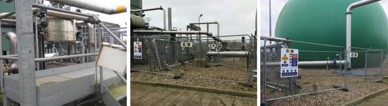 (left) Existing siloxane removal system and (middle) fence construction prior to filter installation and (right) view of selected gas holder compound - Courtesy of BTU