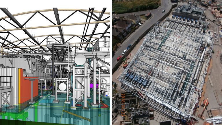 (left) Model image from inside of the primary building and (right) secondary building steel-framework installation in progress - Courtesy of Southern Water