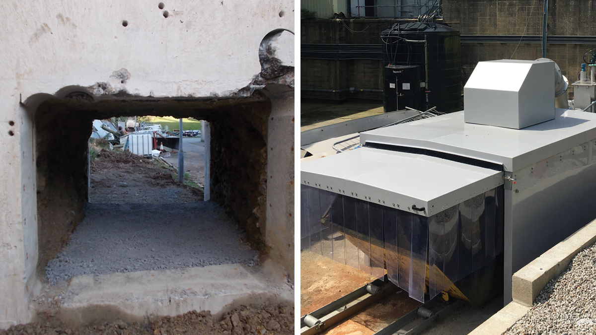 (left) Coarse screen area excavation through an existing structure and (right) Coarse screen screenings handling skip cover - Courtesy of SWW Delivery Alliance H5O
