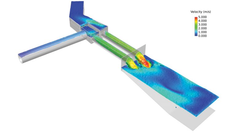CFD model of the modified gross overflow outfall to accept additional storm UV flows - Courtesy of SWW Delivery Alliance H5O