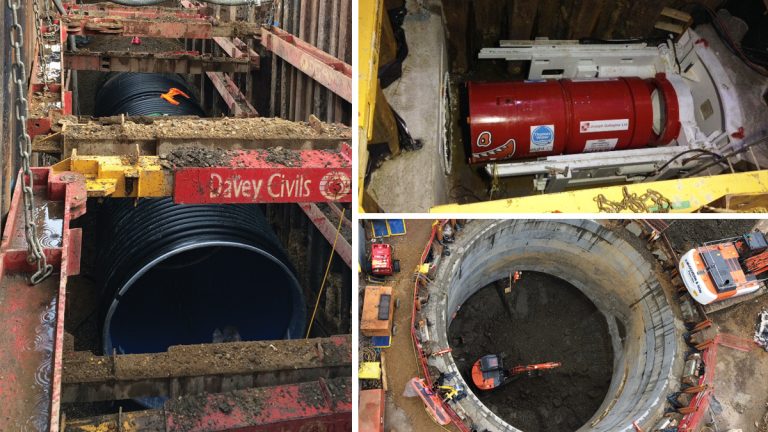 (left) DN2400 Ridgistorm XL pipeline excavation, (top right) tunnelling machine ready to go at Battersea and (bottom right) main PS shaft constructed using under pinning - Courtesy of eight2O