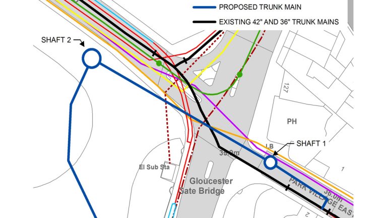 North connection arrangement showing the existing trunk mains and utility congestion in the Parkway junction - Courtesy of Stantec