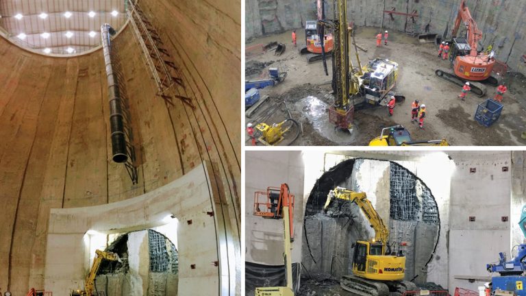 (left) Construction of the sprayed concrete lining TBM launch adit at the base of Kirtling Street shaft, (top right) jet grouting trial at the Kirtling Street shaft site in advance of the jet grouting operation at Blackfriars and (bottom right) breaking out the main tunnel portal at the Kirtling Street drive shaft - Courtesy of AECOM & FLO JV