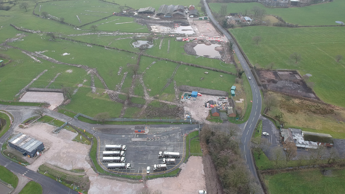 Location of Nereda® (foreground) and site cabins at Blackburn WwTW, scars in field from archaeology investigation - Courtesy of LiMA